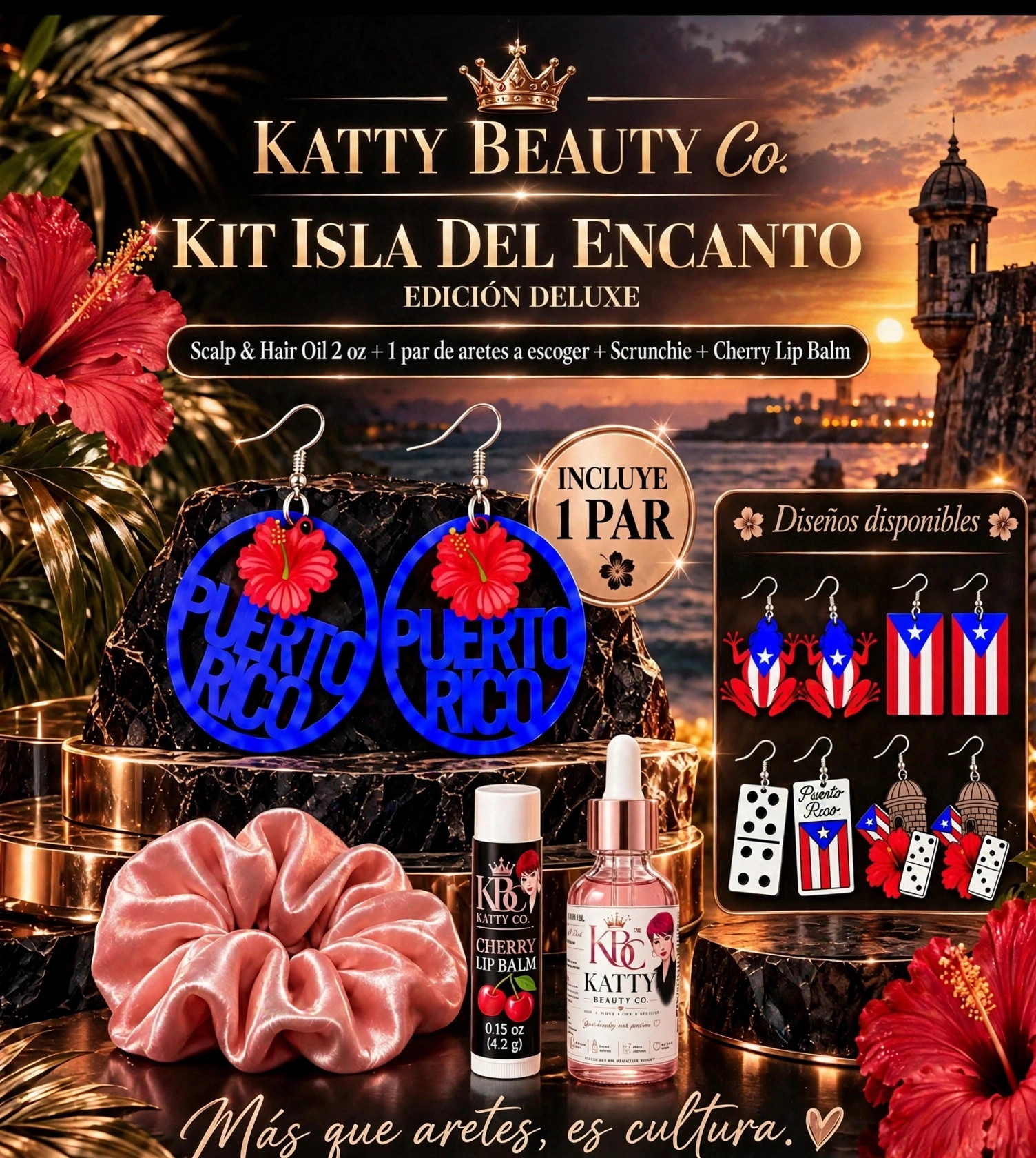 Kit Isla del Encanto Deluxe de Katty Beauty Co. con Scalp & Hair Oil de 2 onzas, un par de aretes a escoger, scrunchie y Cherry Lip Balm por 32 dólares