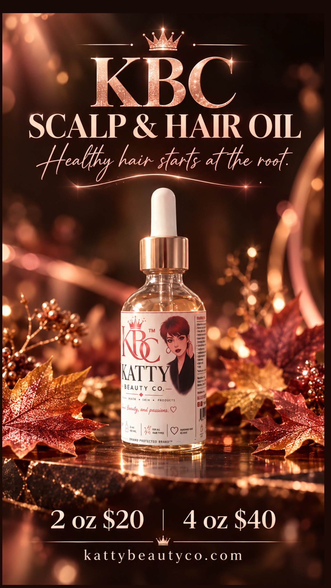 Botella real de Scalp & Hair Oil de Katty Beauty Co. entre hojas de otoño